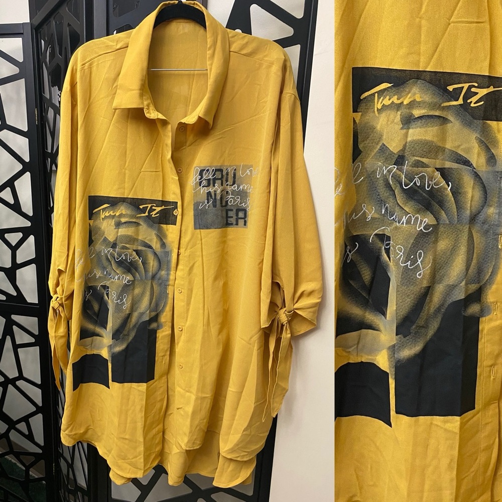 SHEIN Mustard Graphic Button-Up Blouse
